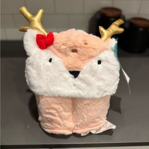 Pillowfort Plush Deer Hooded Blanket with Gold Antlers and Red Bow